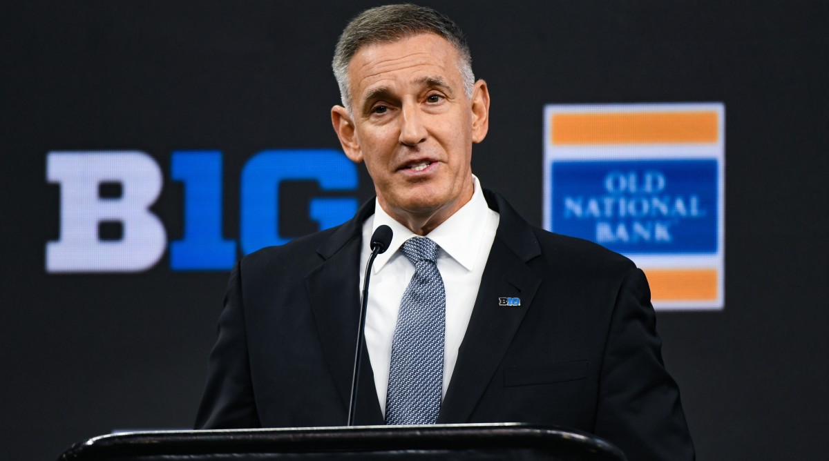 Big Ten commissioner Tony Petitti speaks to reporters at media day.